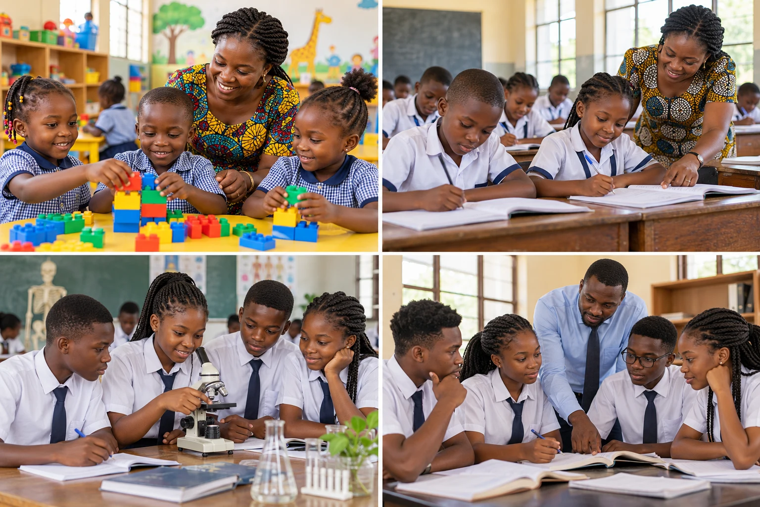 Quatre scènes séparées présentant des élèves africains du maternel, du primaire, du secondaire et des humanités