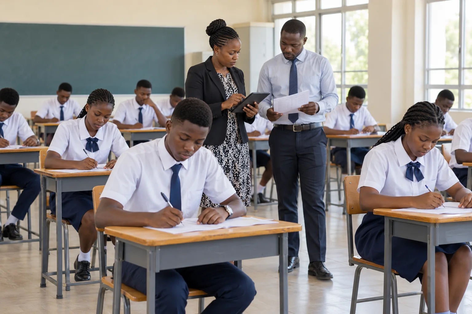 Élèves africains en salle d’examen accompagnés de leurs surveillants