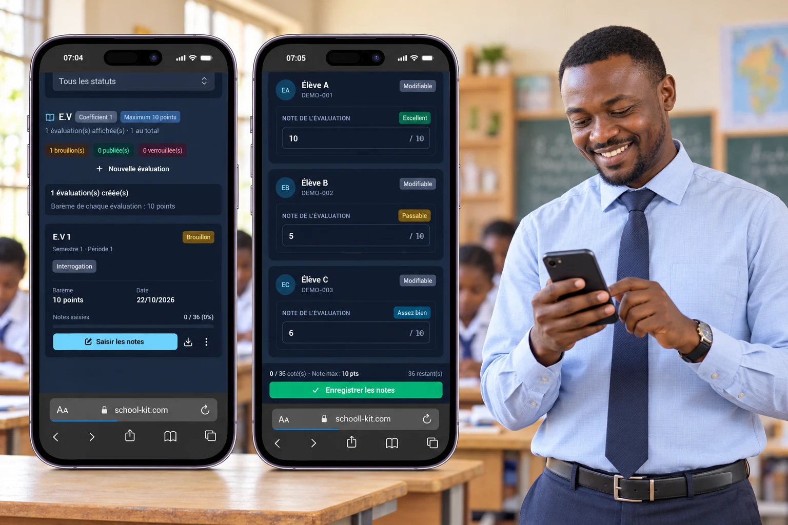 Enseignant africain souriant et présentation de la gestion des évaluations et des notes sur deux téléphones