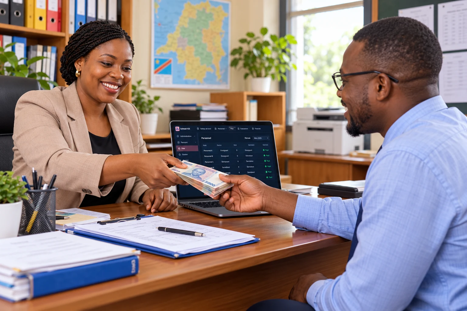 Caissière africaine devant son ordinateur remettant le salaire en espèces à un enseignant