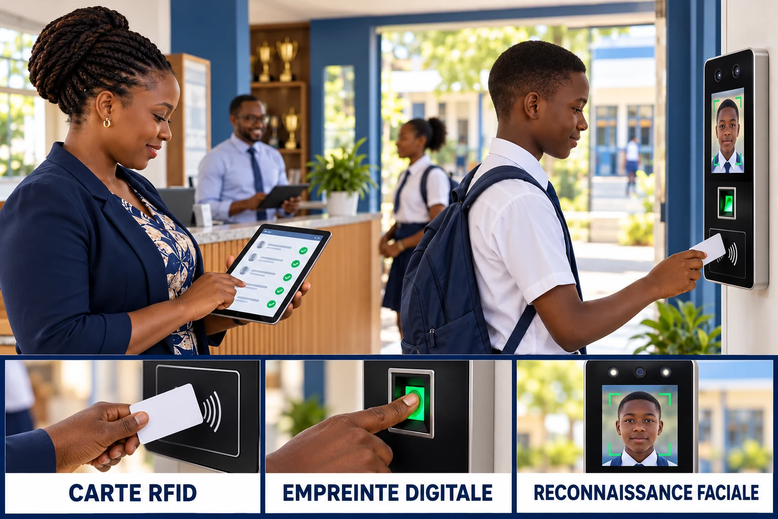 Enseignante et élève dans une école congolaise : terminal de pointage biométrique par carte RFID, empreinte digitale ou reconnaissance faciale