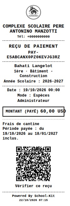 Exemple de reçu POS des frais de cantine